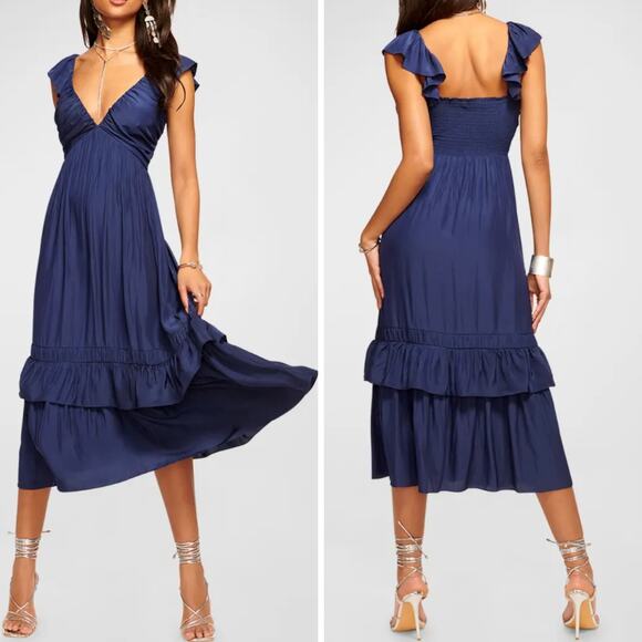 NWT RAMY BROOK DRESS L SATIN TIERED MIDI RUFFLE BLUE NELLY SMOCKED STRETCH CHIC - Picture 1 of 15